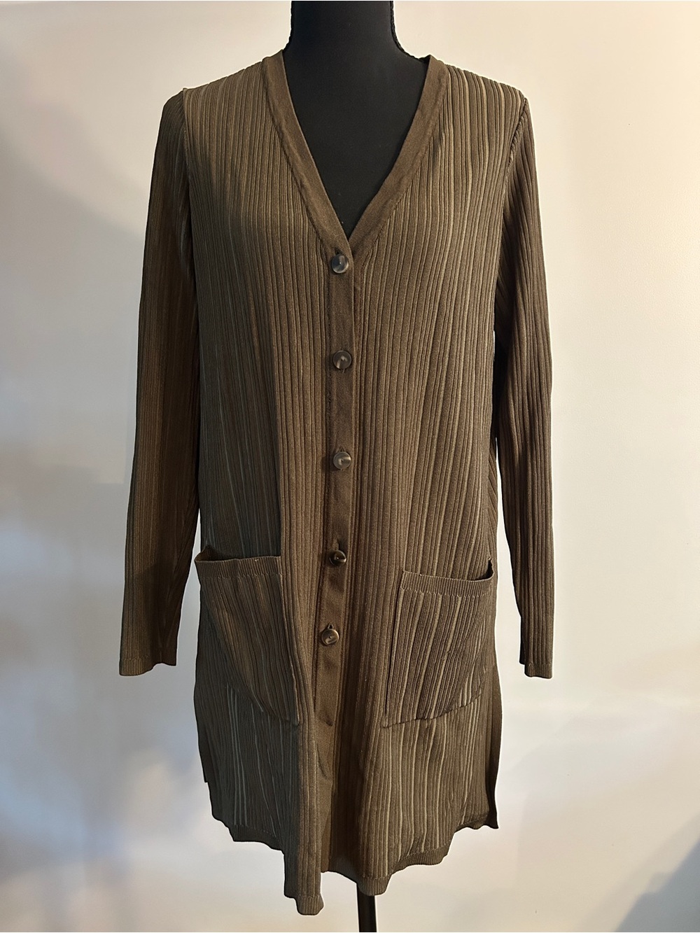 Chico's Olive Ribbed Longline Button Cardigan
